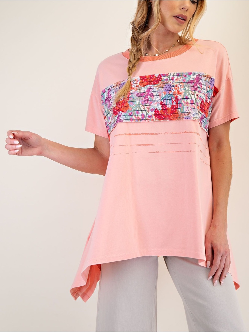 NWT EASEL Bohemian Pink Floral Color Block Asymmetrical Hem Top S M L - Picture 2 of 5
